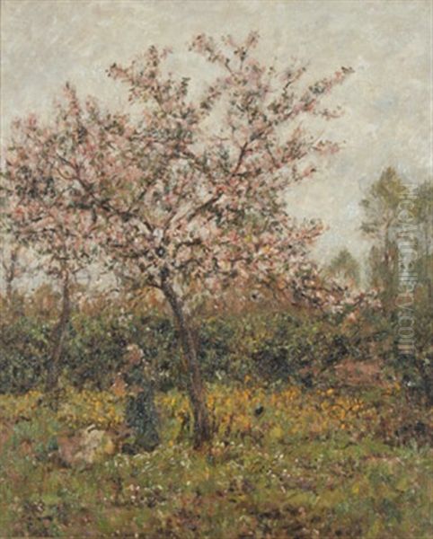 Bluhender Obstbaum, Darunter Eine Stehende Frau - view 1