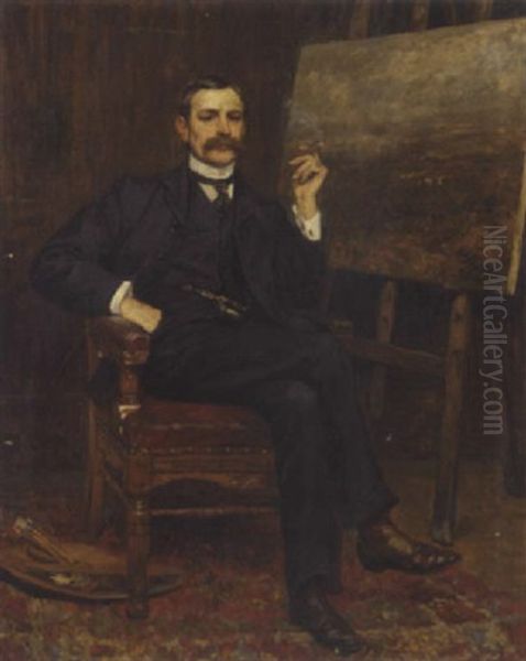 Portrait Of Tom Mitchell By His Easel, Smoking A Cigar - view 1