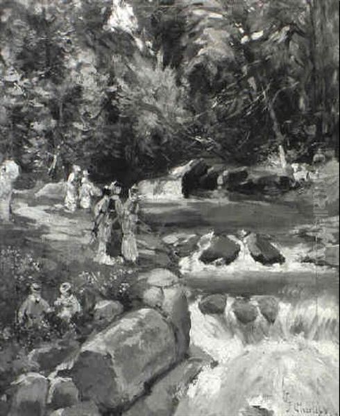 Figures Beside A Rushing Torrent - view 1