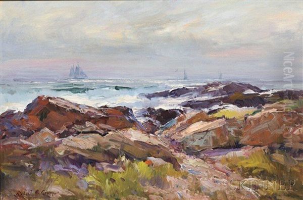 Rocky Shore With Distant Sailboats - view 1
