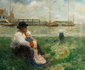 Homme Et Enfant Au Bord De L'eau by Frantz Charlet
