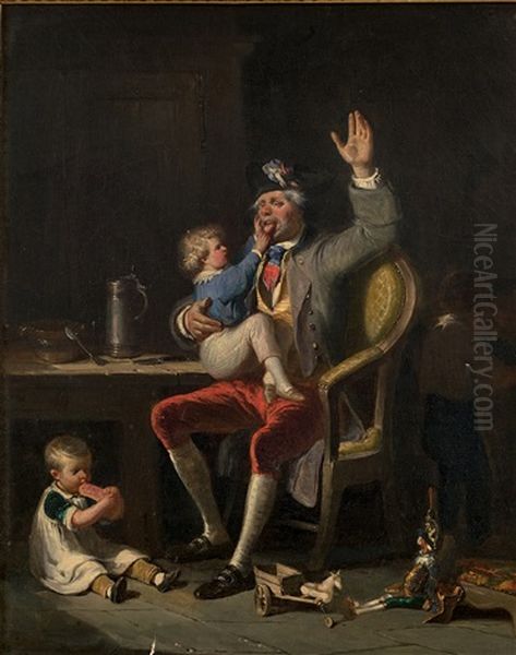 Le Vieux Militaire Jouant Avec Deux Enfants - view 1