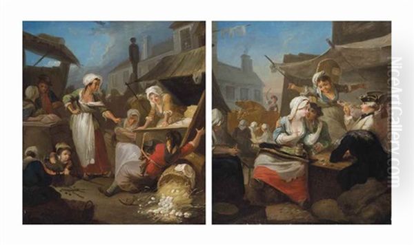 A Country Market Scene With Peasants Drinking Beside A Tavern; And A Market Scene With Women Fighting Over An Overturned Basket Of Eggs (pair) - view 1