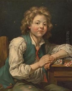 A Boy, Seated Three-quarter Length, Beside A Table With Cards And A Girl, Seated Three-quarter Length, Holding A Book (pair)