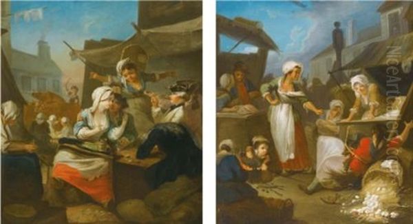 A Country Market Scene With Peasants Drinking Beside A Tavern; A Country Market Scene With Women Fighting Over An Overturned Basket Of Eggs (pair) - view 1