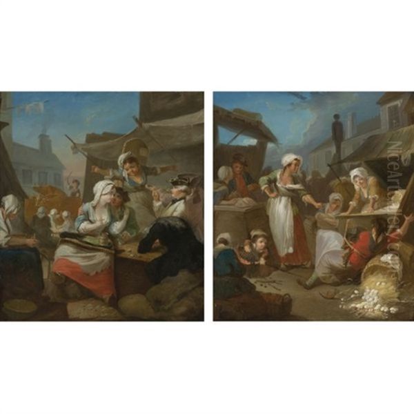 Country Market Scene With Peasants Drinking Beside A Tavern (+ Country Market Scene With Women Fighting Over An Overturned Basket Of Eggs; Pair) - view 1