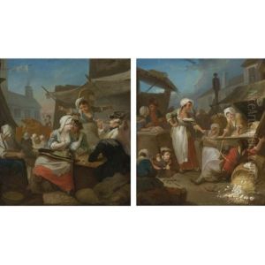Country Market Scene With Peasants Drinking Beside A Tavern (+ Country Market Scene With Women Fighting Over An Overturned Basket Of Eggs; Pair)