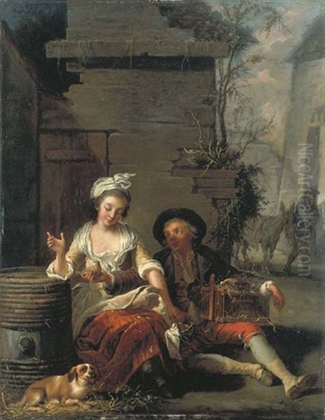 An Amorous Couple With Doves In A Cage And A Dog - view 1
