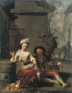 An Amorous Couple With Doves In A Cage And A Dog by Jean-Baptiste Charpentier the Elder