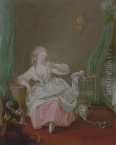 A Bedroom Interior With A Young Girl Holding A Song Bird by Jean-Baptiste Charpentier the Elder
