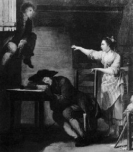 Interior Scene With A Young Man Climbing Through A Window To Visit His Lover While An Older Man Sleeps At A Table