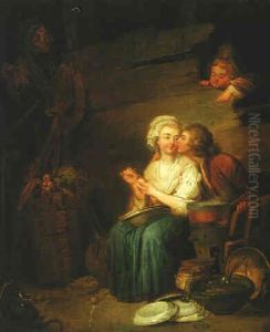 An Amorous Couple In A Kitchen Interior With An Old Woman And A Child Looking On An Amorous Couple In A Kitchen Interior With An Old Woman And A Child Looking On