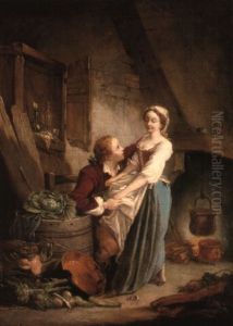 A Young Couple Courting In A Kitchen A Young Couple Courting In A Kitchen