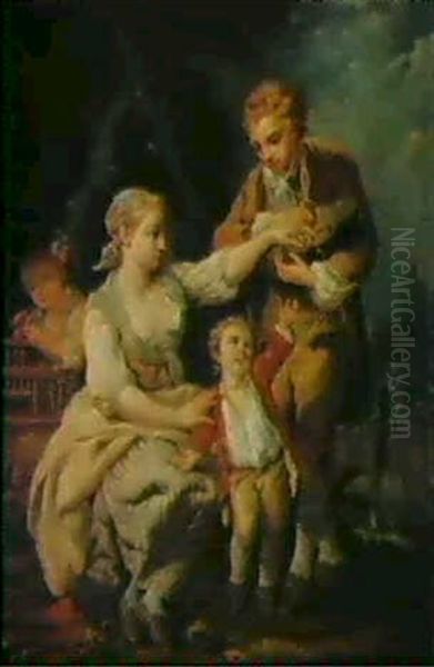 A Young Man Holding A Bird's Nest In His Hat With A Young Family In A Landscape - view 1