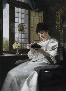 Young Woman Reading By The Window In A White Satin Dress And Gazing Into The Chateau Park. by Ernst Anders