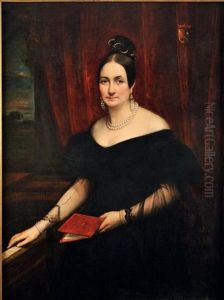 Portrait De Jeune Femme De La Famille Surcouf, En Robe De Bal Noire Pres D'un Piano Forte