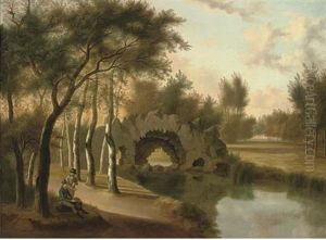 A Wooded River Landscape With Two Gentlemen Resting By A Grotto