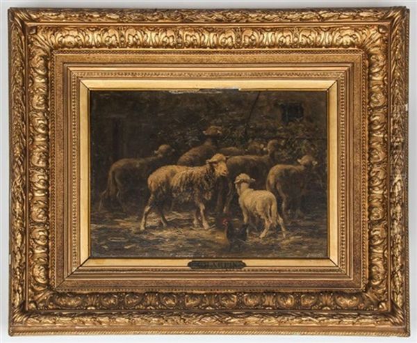 Barnyard Scene With Sheep And Rooster - view 1