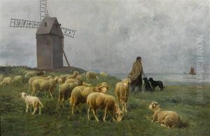Kustenlandschaft Mit Schafherde, Hirten Und Windmuhle by Albert Charpin
