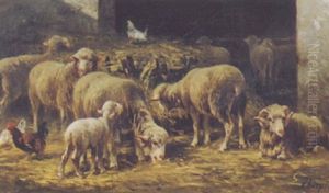 Interieur De Ferme Avec Moutons, Coq Et Poules