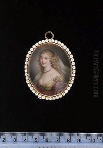 A Lady Wearing Pink Dress With Voluminous Sleeves And Gold Kerchief by Fanny Charrin