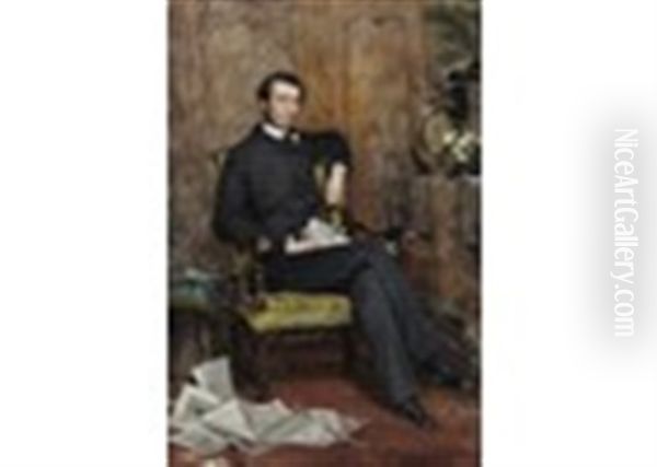 Portrait Of A Gentleman, Full Length, Seated With His Dog And Holding A Newspaper - view 1