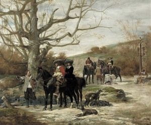 Edelleute Zu Pferd Mit Ihren Hunden Auf Der Jagd by Theobald Chartran