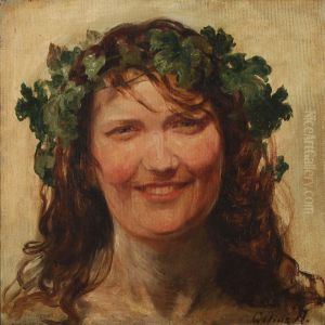 Portrait Of A Young Woman With Wine Leaves Wreath by Cilius Andersen