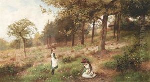 Zwei Madchen Am Waldrand Beim Blumenpflucken by Frank M. Chase