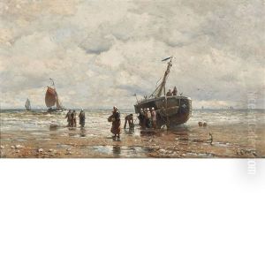 Fisherfolk And Boats By The Shore by Henry Chase