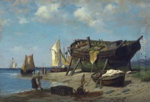 Boats And Figures On The Shore by Henry Chase