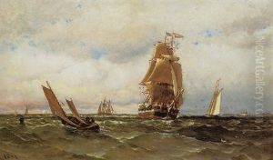 Several Ships At Sail With A Distant Lighthouse by Henry Chase