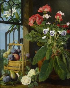 A Still Life With Potted Flowers And Fruit by Marian Emma Chase