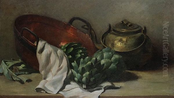 Still Life With Copper Bowl Kettle And Artichokes - view 1