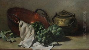 Still Life With Copper Bowl Kettle And Artichokes by William Merritt Chase