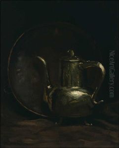 Still Life - Silver Teapot And Copper Charger by William Merritt Chase