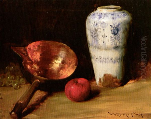 Still Life With China Vase, Copper Pot, An Apple And A Bunch Of Grapes - view 1