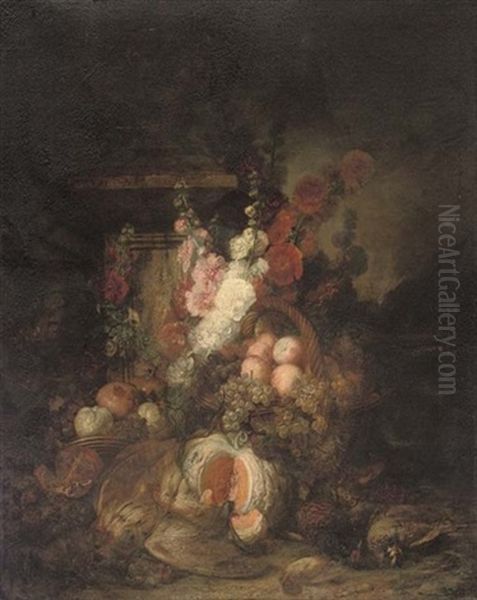 Roses, Grapes On The Vine, Pomegranates, Peaches, Strawberries, A Melon And Dead Game Birds By A Basket Near A Plinth In A Garden Clearing - view 1