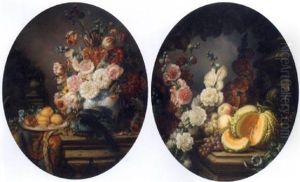 A Parrot On A Ledge With A Vase Of Tulips, Roses And Other Summer Flowers Beside A Plate Of Peaches
