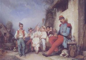 Soldaten Er Hjemvendt, Landsbyens Smaborn Samles Nysgerrigt Omkring Ham by Henri-Jean-Saint-Ange Chasselat