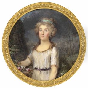 Comtesse Etienne De Durfort, Nee Henriette Etiennette Claude Denise De Montsauge In White Dress, Standing In A Landscape by Pierre Chasselat