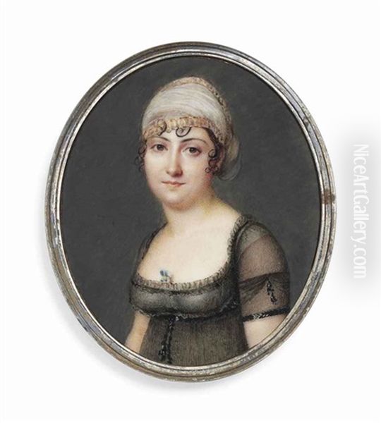 A Young Lady, In Decollete Black Muslin Dress Over White Underdress, A Nosegay At Corsage, Gold-bordered White Turban Over Her Dark Curling Hair - view 1