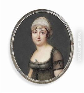 A Young Lady, In Decollete Black Muslin Dress Over White Underdress, A Nosegay At Corsage, Gold-bordered White Turban Over Her Dark Curling Hair by Pierre Chasselat