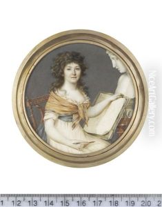 A Lady, Seated, Wearing White Dress With Frilled Trim To Her Decollete, Pale Yellow Shawl Edged With Teal Draped About Her Shoulders And Tied Over Her Bust, Teal Redingote by Pierre Chasselat