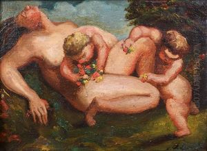 Bacchante Endormie Avec Deux Putti by Theodore Chasseriau