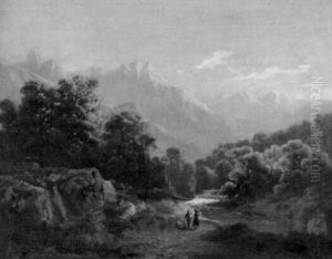 Abendliche Gebirgslandschaft Mit Wanderndem Bauernpaar Abendliche Gebirgslandschaft Mit Wanderndem Bauernpaar