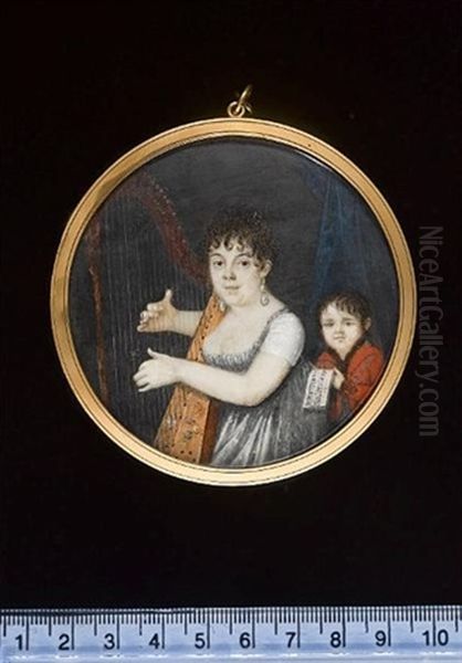 A Lady Wearing Decollete Grey Dress With White Sleeves, Drop Pearl Earrings, Her Hair Upswept, Playing A Harp, Her Son Beside Her - view 1