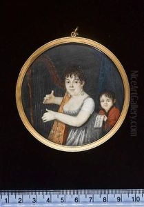 A Lady Wearing Decollete Grey Dress With White Sleeves, Drop Pearl Earrings, Her Hair Upswept, Playing A Harp, Her Son Beside Her