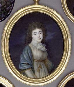 Louise Landgravine Of Hesse-darmstadt, In White Muslin Dress With Gold-bordered Pale Blue Shawl Draped Around Her Shoulders, Muslin Scarf Tied In A Bow At Neck, Long Curling Dark Hair
