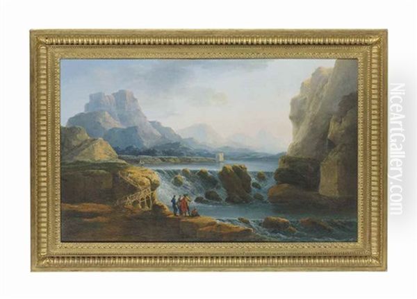 A Mountainous Landscape With Figures By A Wooden Bridge And A Cascade - view 1